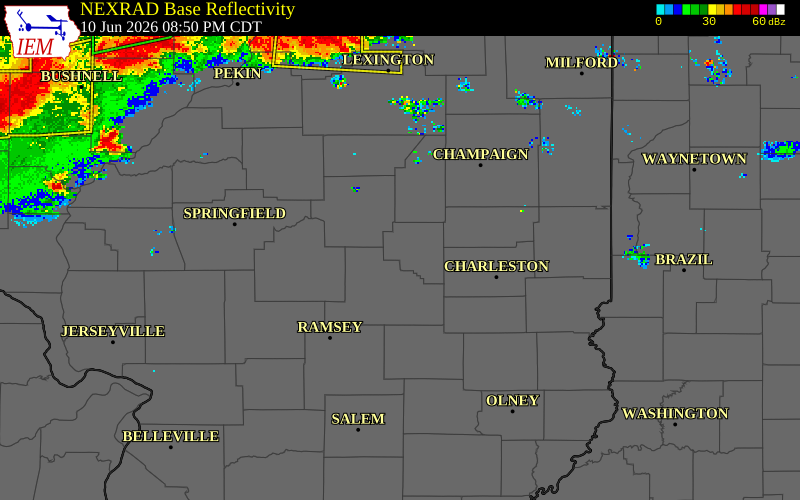 NEXRAD radar during the Wednesday, June 10, 2026 storm activity in Moultrie County, Illinois