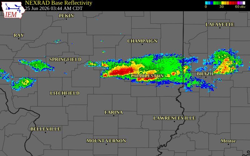 NEXRAD radar during the Thursday, June 25, 2026 storm activity in Moultrie County, Illinois