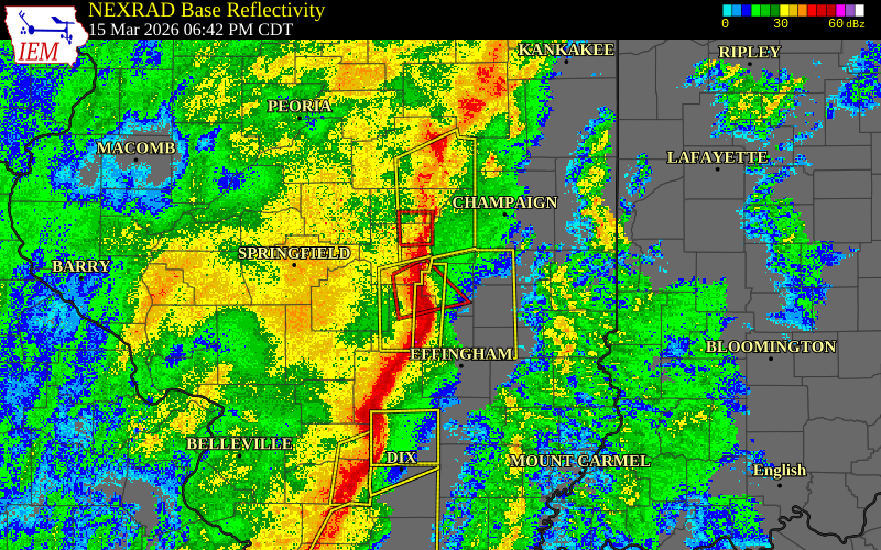 Radar snapshot during the Mar 15, 2026 tornado event near 3 W Lovington, Moultrie County, Illinois, with NWS warning polygons