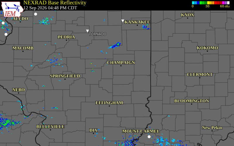 Current NEXRAD radar over Moultrie County, Illinois with recent storm report locations