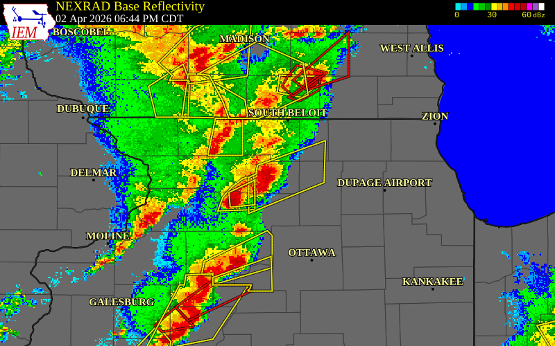 NEXRAD radar during the Thursday, April 2, 2026 storm activity in Ogle County, Illinois