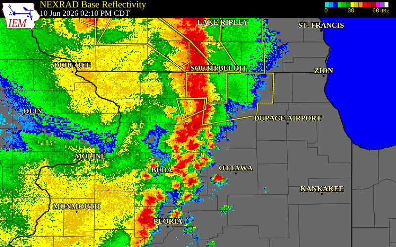 NEXRAD radar during the Wednesday, June 10, 2026 storm activity in Ogle County, Illinois