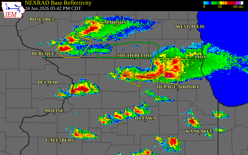 NEXRAD radar during the Wednesday, June 24, 2026 storm activity in Ogle County, Illinois