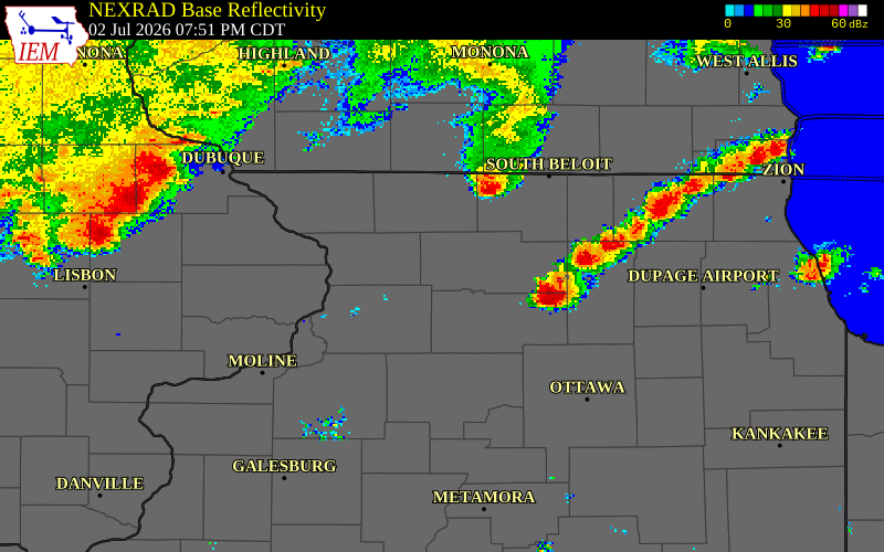 NEXRAD radar during the Thursday, July 2, 2026 storm activity in Ogle County, Illinois