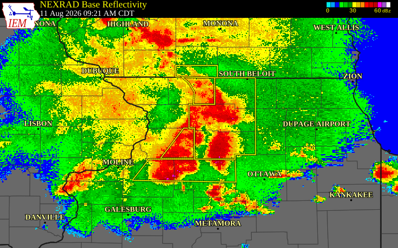 NEXRAD radar during the Tuesday, August 11, 2026 storm activity in Ogle County, Illinois