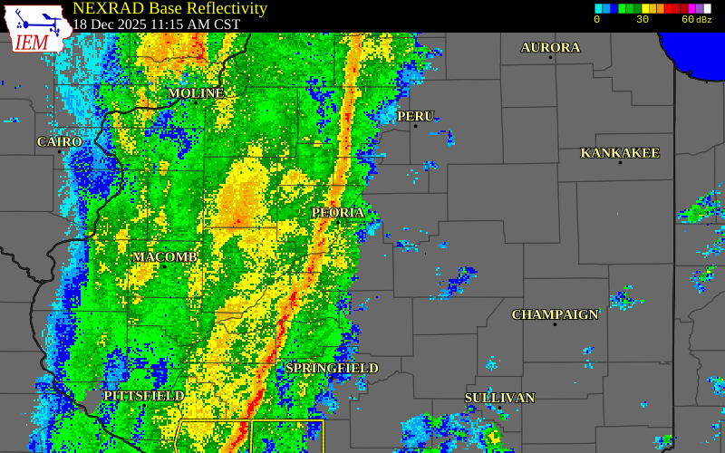 NEXRAD radar during the Thursday, December 18, 2025 storm activity in Peoria County, Illinois