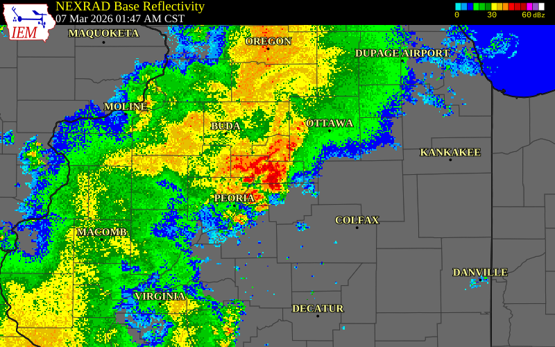 NEXRAD radar during the Saturday, March 7, 2026 storm activity in Peoria County, Illinois