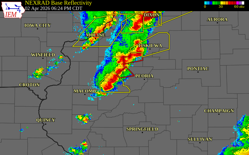 NEXRAD radar during the Thursday, April 2, 2026 storm activity in Peoria County, Illinois
