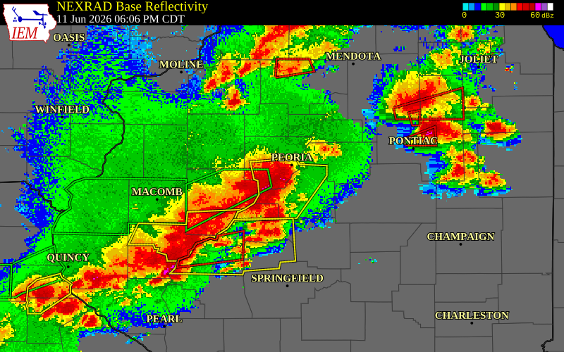 NEXRAD radar during the Thursday, June 11, 2026 storm activity in Peoria County, Illinois