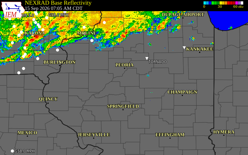 Current NEXRAD radar over Peoria County, Illinois with recent storm report locations