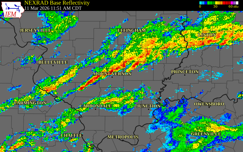 NEXRAD radar during the Wednesday, March 11, 2026 storm activity in Perry County, Illinois