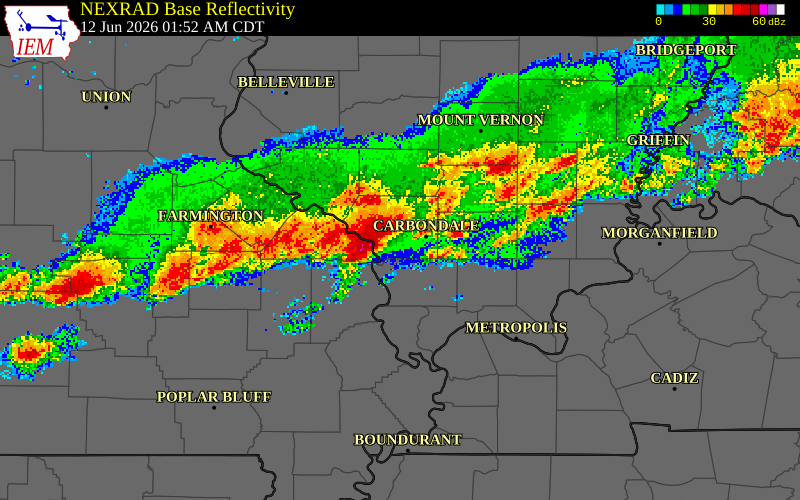 NEXRAD radar during the Friday, June 12, 2026 storm activity in Perry County, Illinois