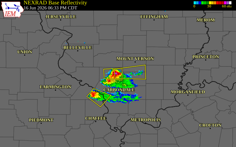 NEXRAD radar during the Tuesday, June 16, 2026 storm activity in Perry County, Illinois