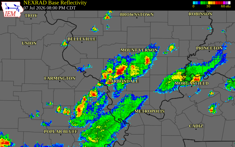 NEXRAD radar during the Tuesday, July 7, 2026 storm activity in Perry County, Illinois