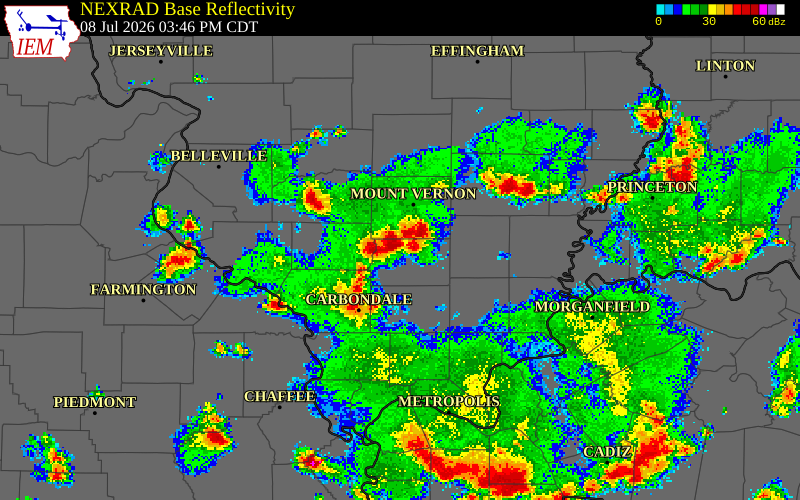NEXRAD radar during the Wednesday, July 8, 2026 storm activity in Perry County, Illinois