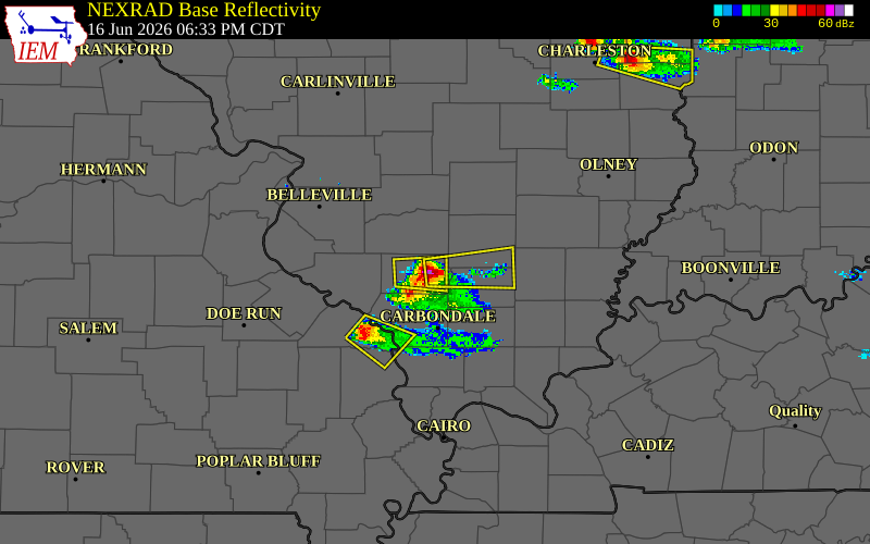 Radar snapshot during the Jun 16, 2026 hail event near 2 SSW Tamaroa, Perry County, Illinois, with NWS warning polygons
