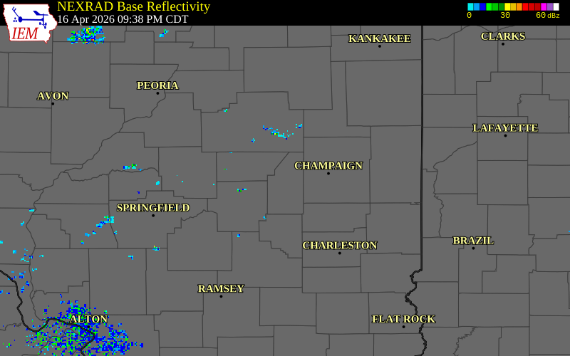 NEXRAD radar during the Thursday, April 16, 2026 storm activity in Piatt County, Illinois