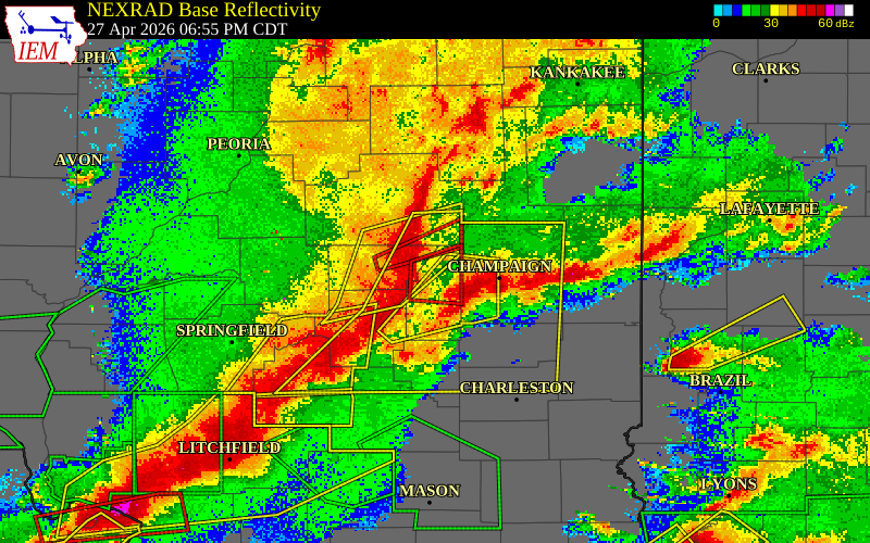 NEXRAD radar during the Monday, April 27, 2026 storm activity in Piatt County, Illinois