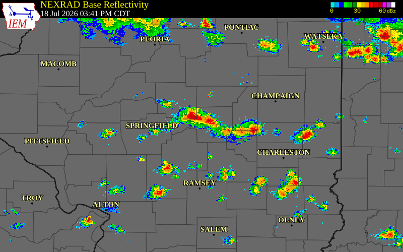NEXRAD radar during the Saturday, July 18, 2026 storm activity in Piatt County, Illinois