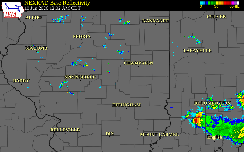 Radar snapshot during the Jun 10, 2026 tornado event near 4 E Cerro Gordo, Piatt County, Illinois, with NWS warning polygons