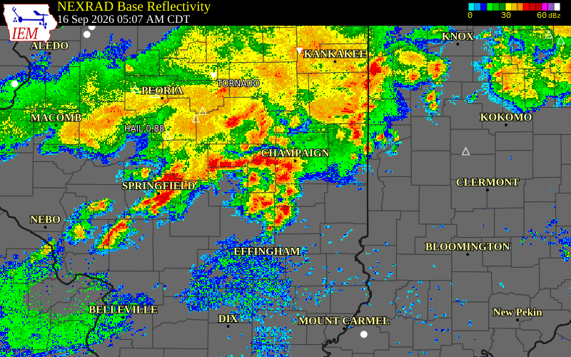 Current NEXRAD radar over Piatt County, Illinois with recent storm report locations