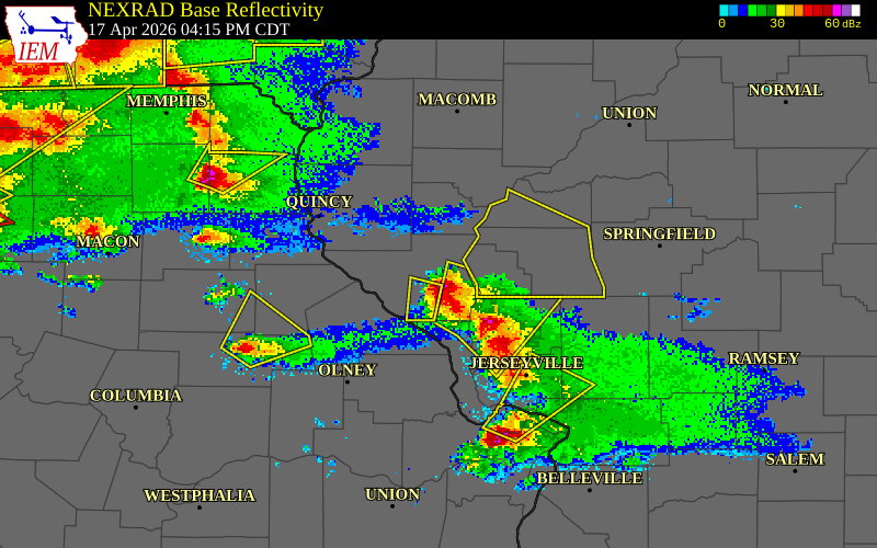NEXRAD radar during the Friday, April 17, 2026 storm activity in Pike County, Illinois