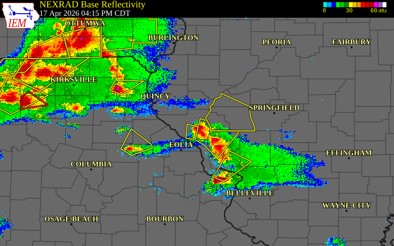 Radar snapshot during the Apr 17, 2026 wind event near 2 NNE Pittsfield, Pike County, Illinois, with NWS warning polygons