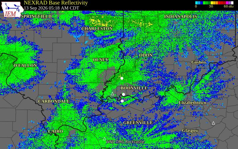 Current NEXRAD radar over Pike County, Illinois with recent storm report locations