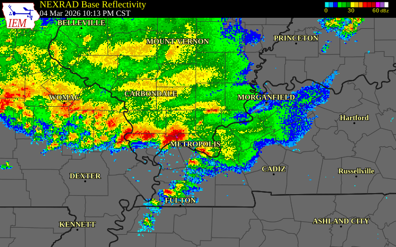 NEXRAD radar during the Wednesday, March 4, 2026 storm activity in Pope County, Illinois