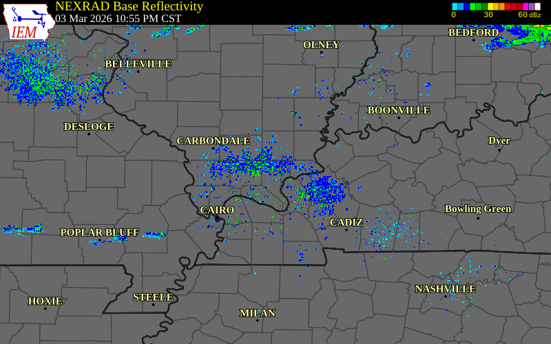 Radar snapshot during the Mar 3, 2026 hail event near 2 SE Eddyville, Pope County, Illinois, with NWS warning polygons