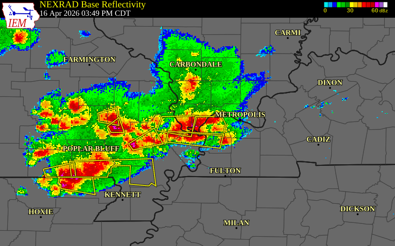 NEXRAD radar during the Thursday, April 16, 2026 storm activity in Pulaski County, Illinois
