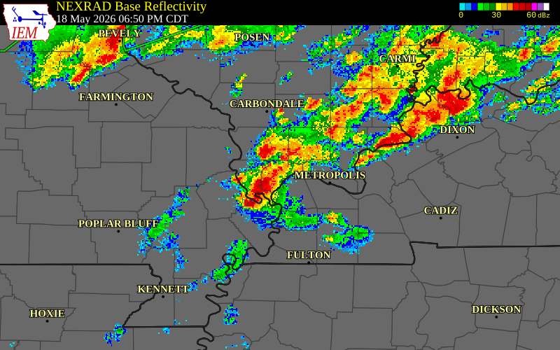 NEXRAD radar during the Monday, May 18, 2026 storm activity in Pulaski County, Illinois