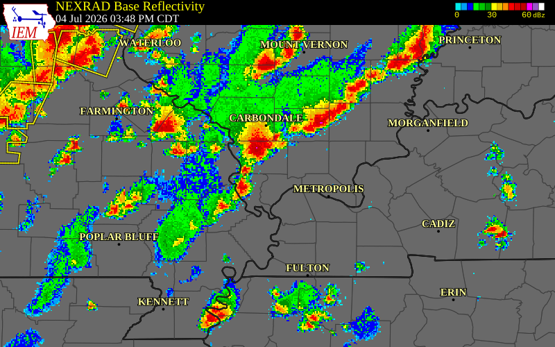 NEXRAD radar during the Saturday, July 4, 2026 storm activity in Pulaski County, Illinois