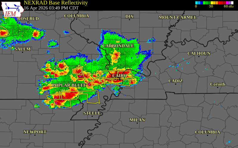 Radar snapshot during the Apr 16, 2026 hail event near Mounds, Pulaski County, Illinois, with NWS warning polygons