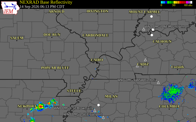 Current NEXRAD radar over Pulaski County, Illinois with recent storm report locations