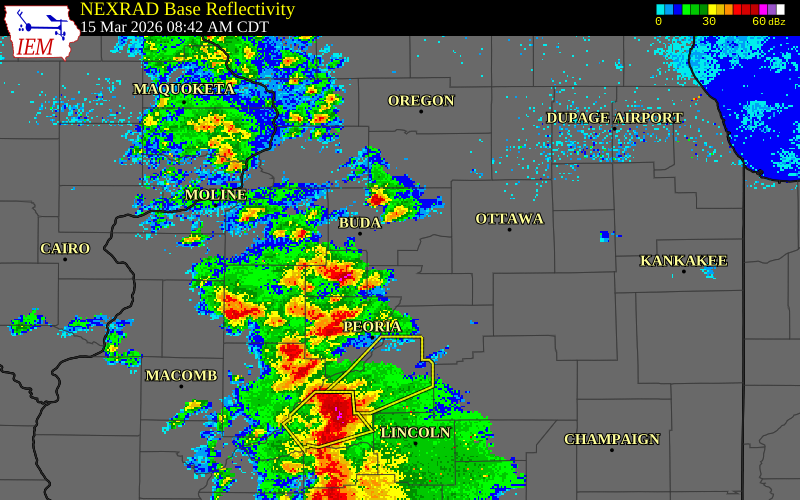 NEXRAD radar during the Sunday, March 15, 2026 storm activity in Putnam County, Illinois
