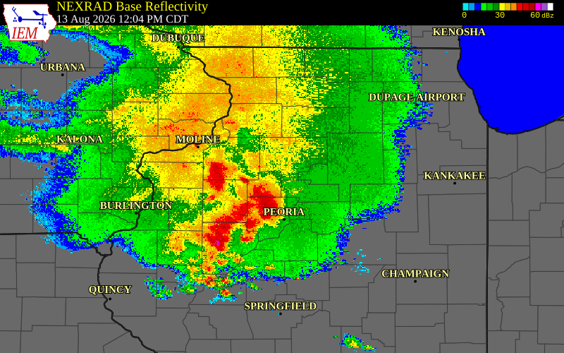 Radar snapshot during the Aug 13, 2026 wind event near Putnam County, Putnam County, Illinois, with NWS warning polygons