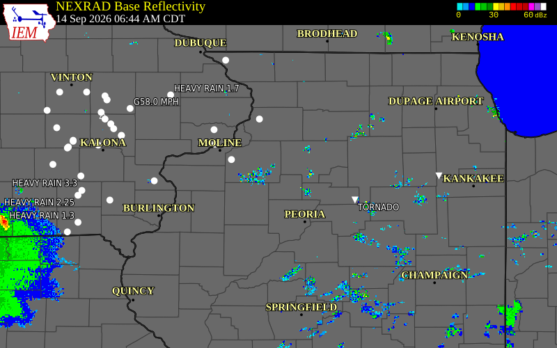 Current NEXRAD radar over Putnam County, Illinois with recent storm report locations