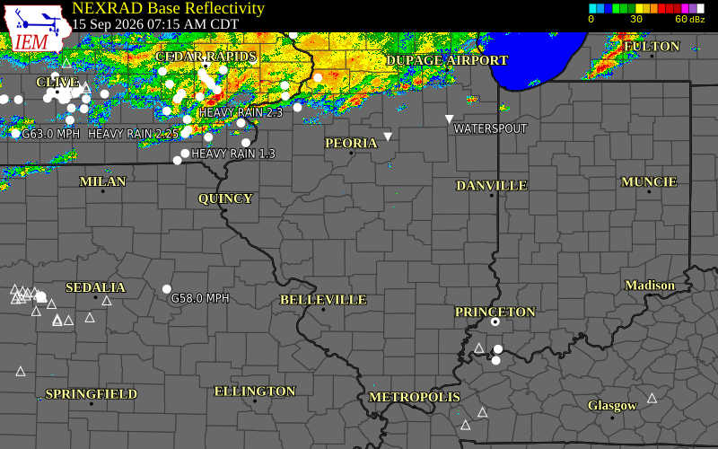 Current NEXRAD radar across Illinois with recent storm report locations