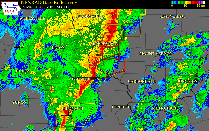 NEXRAD radar during the Sunday, March 15, 2026 storm activity in Randolph County, Illinois