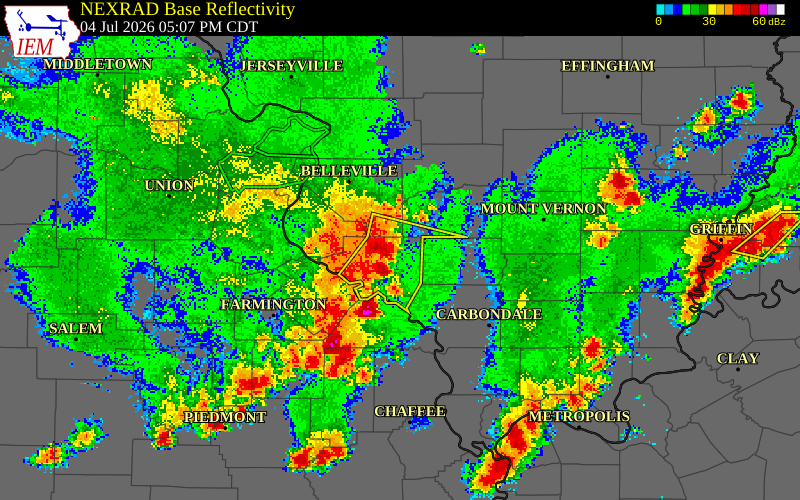 NEXRAD radar during the Saturday, July 4, 2026 storm activity in Randolph County, Illinois
