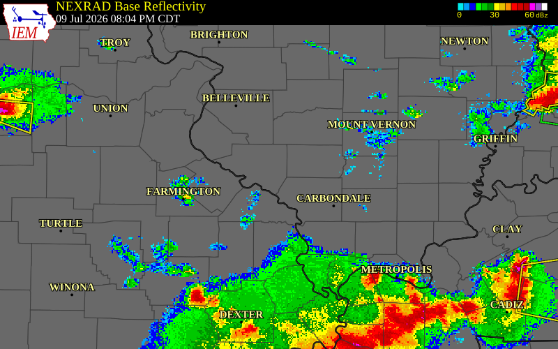NEXRAD radar during the Thursday, July 9, 2026 storm activity in Randolph County, Illinois