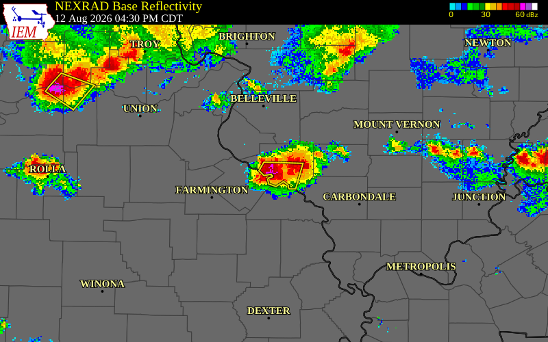 NEXRAD radar during the Wednesday, August 12, 2026 storm activity in Randolph County, Illinois