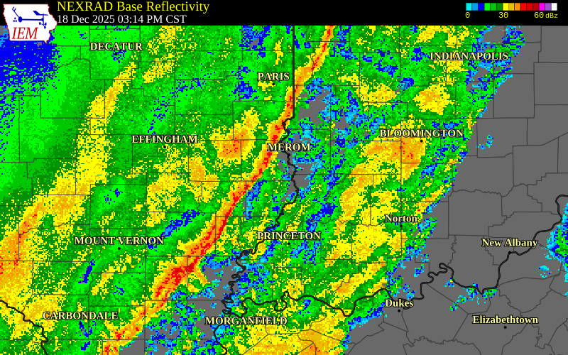 NEXRAD radar during the Thursday, December 18, 2025 storm activity in Richland County, Illinois