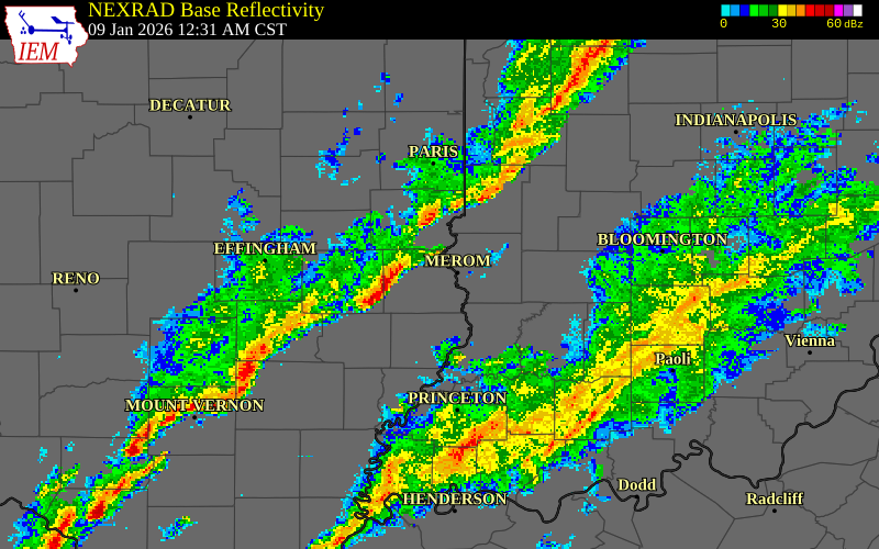 NEXRAD radar during the Friday, January 9, 2026 storm activity in Richland County, Illinois