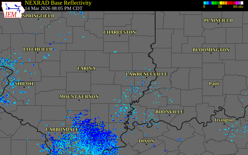 NEXRAD radar during the Saturday, March 14, 2026 storm activity in Richland County, Illinois