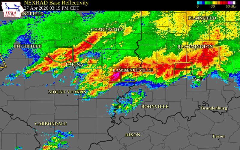 NEXRAD radar during the Monday, April 27, 2026 storm activity in Richland County, Illinois