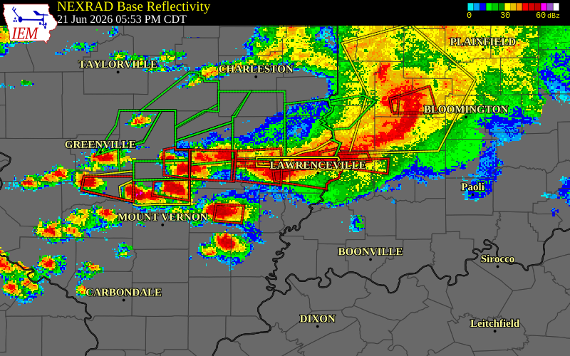 NEXRAD radar during the Sunday, June 21, 2026 storm activity in Richland County, Illinois