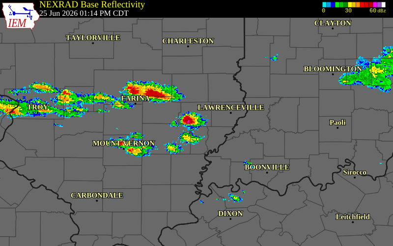 NEXRAD radar during the Thursday, June 25, 2026 storm activity in Richland County, Illinois