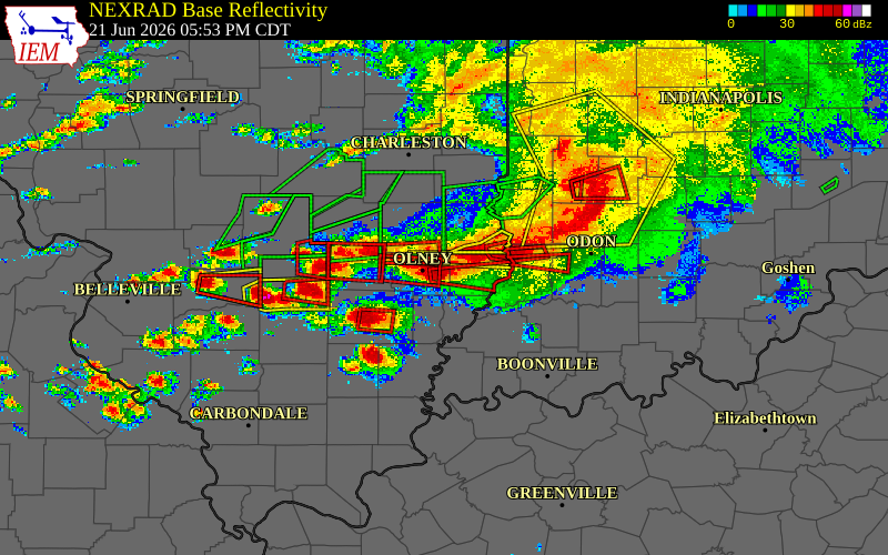 Radar snapshot during the Jun 21, 2026 tornado event near 2 SSE Claremont, Richland County, Illinois, with NWS warning polygons